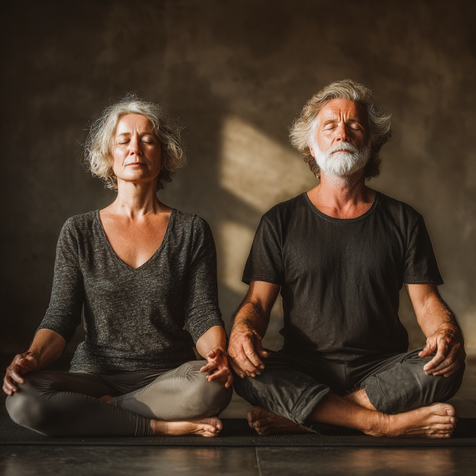 Persoană matură practicând yoga în natură